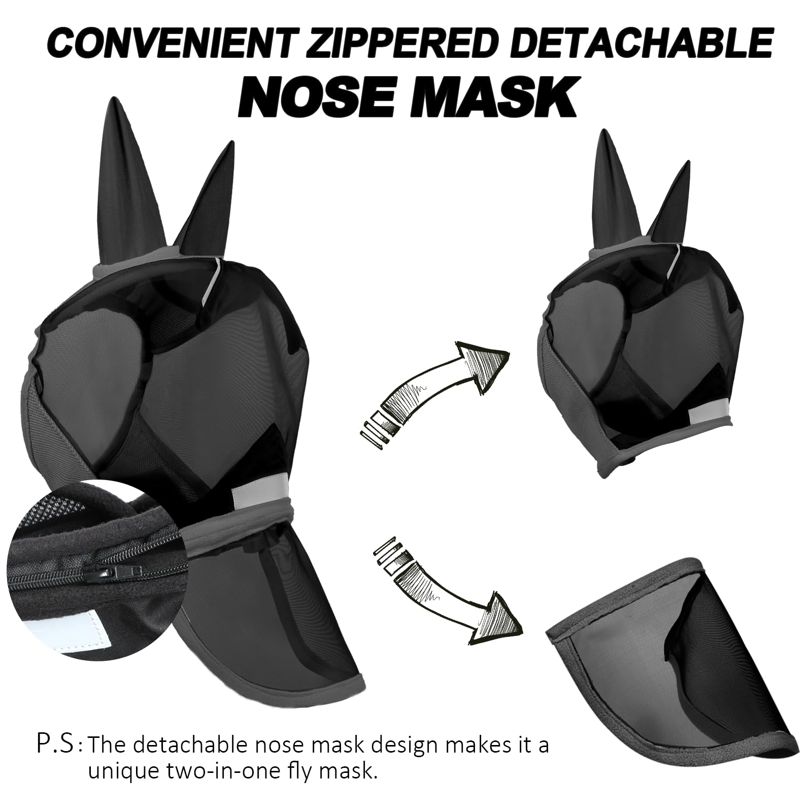 Wizbrio Luminous Horse Fly Mask with Long Nose, Ears, Full Face & Eye Protection - Full Mesh, Detachable Nose Cover, Fleece Padd